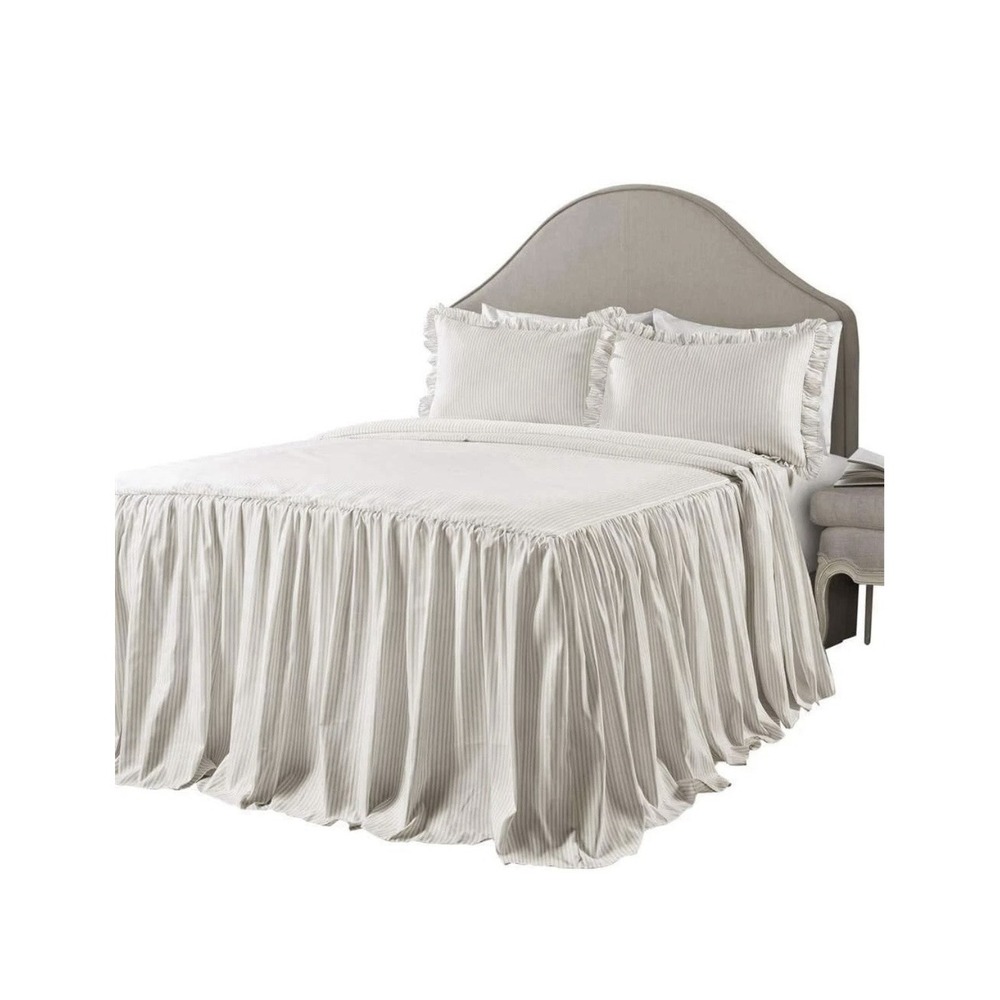 Lush Decor Ticking Stripe Bedspread Queen Size 3 Piece Set Wheat Ruffle Bedd...